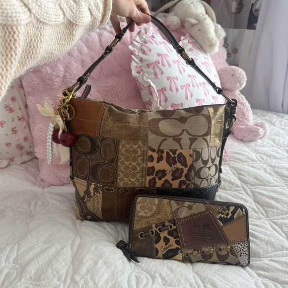Y2K Coach Brown cheetah/leopard print patchwork carly purse/bag matching wallet - Picture 1 of 10